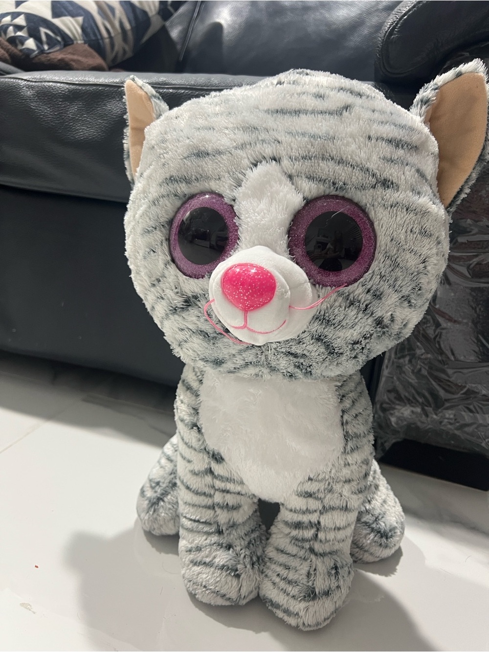Abrand Grey Striped Plush Cat Toy with Pink Nose and Purple Eyes